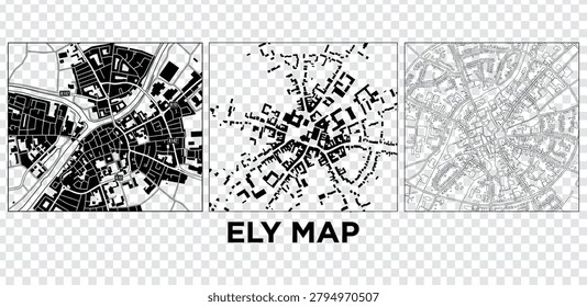 A set of three different map styles of Ely, England, featuring solid black building blocks, abstract building footprints, and detailed street line art.