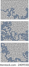 Set of three different medium difficulty labyrinths. Maze collection with solution - red passing route. Black and white flat vector illustration. Nice brainstorm puzzle