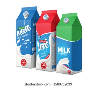 Set of three different milk packaging cartons. Milk packaging design example. Сan be used to develop the appearance of the beverage product range