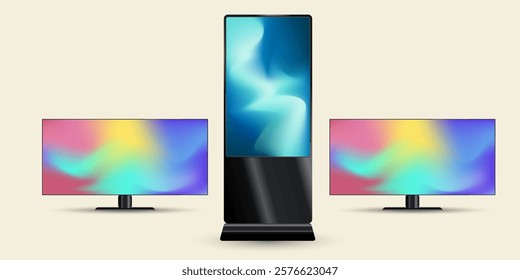 Set of three different modern flat-screen monitors or TV mock up with a sleek, with minimalistic black frame and stand. Three display showcases a vibrant gradient of colors vector, illustration.