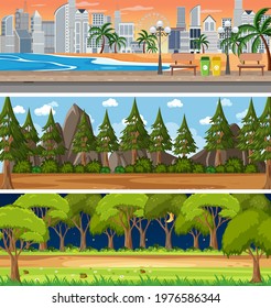 Set of three different nature horizontal scenes illustration