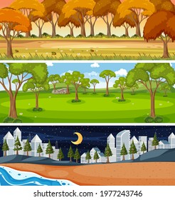 Set of three different nature horizontal scenes illustration
