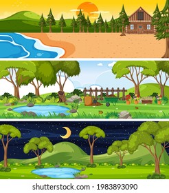 Set of three different nature horizontal scenes illustration