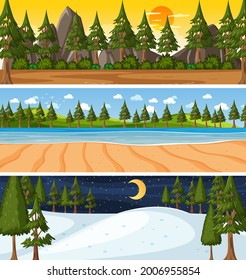 Set of three different nature horizontal scenes illustration