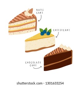set of three different piece of cake illustrations. set with cheesecake, nuts and chocolate cake on white background