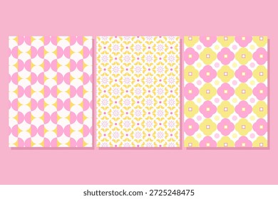Conjunto de tres patrones diferentes de color rosa y amarillo sin costuras, como cuadrícula trippy o patrones geométricos florales disponibles como papeles digitales o Ilustraciones vectoriales para proyectos creativos. Cuenta con una estética moderna retro o hippie con Elementos florales. para la tela, papel de regalo, scrapbooking, tarjetas de felicitación y otros proyectos de diseño.