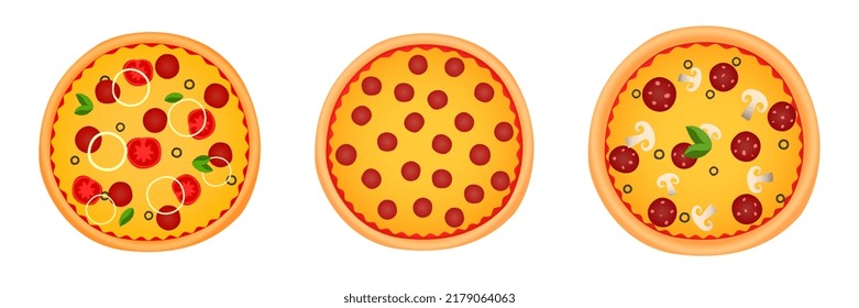 set of three different pizzas, on a white background, isolated