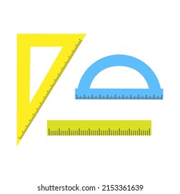 set of three different plastic rulers of different shapes, school office supplies, stationery, cartoons style, vector illustration isolated on white background