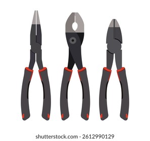 Set of three different pliers with black and red handles isolated on white background