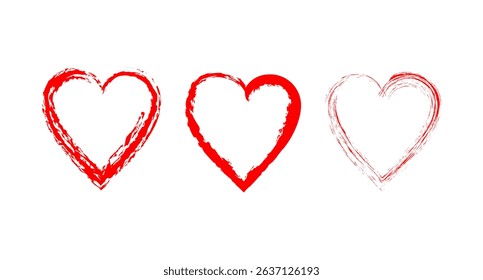 Set of three different rough red heart strokes, hand drawn hearts for wedding cards, emoji, and other decorative purposes.