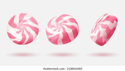 Set of three different sides sweet white glossy candies, lollipops with pink swirl, stripes. Look like 3d rendering. Vector illustration for card, party, flyer, poster, menu, banner, web, advertising.