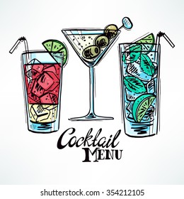set of three different sketch cocktails. hand-drawn illustration