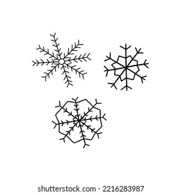Set of three different snowflakes. Black and white vector doodle illustration hand drawn isolated abstract. For greeting card, invitation, print. Winter season, Christmas holiday