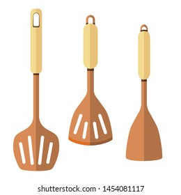 A set of three different spatulas. Simple kitchenware for infografics, recipes. Chef handle icons on white background.