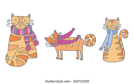Set of three different standing and sitting cats
