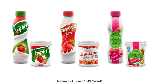 Set of three different strawberry yogurt packaging designs. Isolated on white background. Ready for branding, product promotion and advertising company desing. 