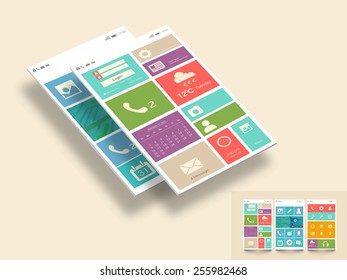 Set of three different style User Interface template layout showing Login, Calling, Calendar, Messaging, Weather and other features for Mobile Apps and Website Design.