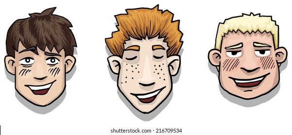 set of three different talking happy male faces, vector illustration