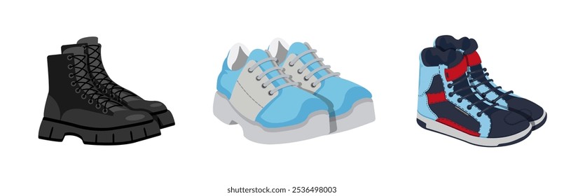 A set of three different types of men's shoes arranged in a row. Military, medical, sports shoes on a white background. Modern vector design.