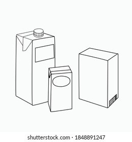 A set with three different types of packaging. Sketches of boxes for milk, cream, tea, juice. Vector illustration.