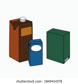 A set with three different types of packaging in different colors. Sketches of boxes for milk, cream, tea, juice. Vector illustration.