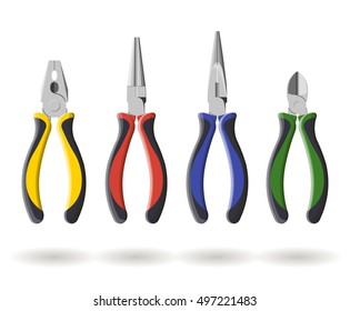 Set of three different types of pliers and side cutters, vector illustration