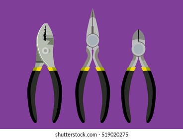 Set of three different types of pliers and side cutters, vector illustration