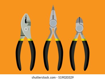 Set of three different types of pliers and side cutters, vector illustration