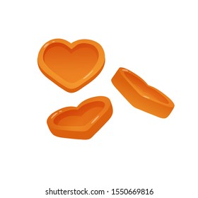 Set of three different views of a heart candy, orange color. Valentine s day sweets. Vector illustration isolated on white.