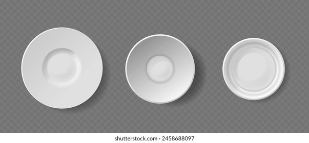 Conjunto De Tres Placas Blancas Diferentes, Cada Una Con Un Diseño Único Aislado Sobre Fondo Transparente. Las Placas Varían En Profundidad