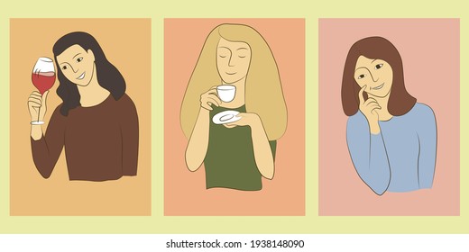 Eine Gruppe von drei verschiedenen Frauen: Weinrebe, Kaffee und 
Denken. Flache Vektorgrafik.