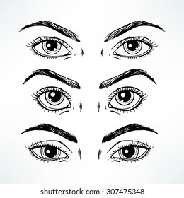 Set of three different women's eyes. hand-drawn illustration