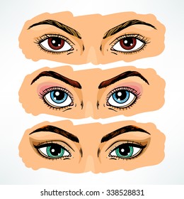 Set of three different women's eyes. hand-drawn illustration
