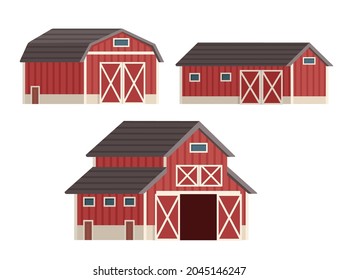 Set of three different wooden red barn houses retro architecture vector illustration on white background