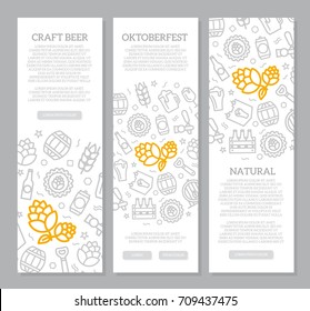 Set of three digital beer, pub and bar vertical banners with icon pattern. Vector illustration