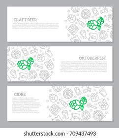 Set of three digital beer, pub and bar horizontal banners with icon pattern. Vector illustration