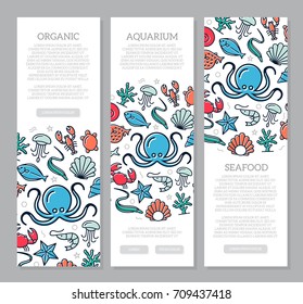 Set of three digital fish and seafood vertical banners with icon pattern. Vector illustration