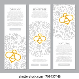 Set Of Three Digital Honey And Bee Vertical Banners With Icon Pattern. Vector Illustration