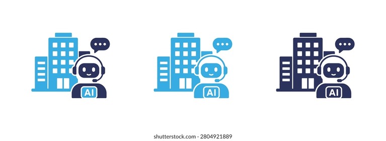 A set of three digital icons featuring a robot assistant with a headset next to office buildings symbolizing AI customer service and smart urban technology.
