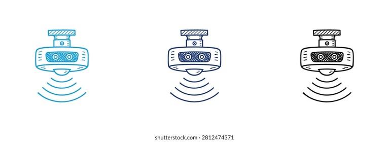 A set of three digital icons representing a ceiling mounted motion sensor or security camera with signal waves in outline and colored styles