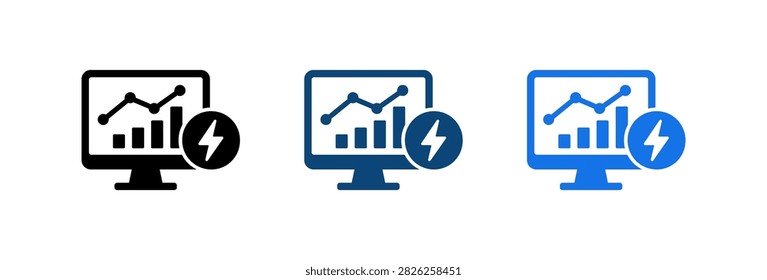 A set of three digital icons representing energy consumption analytics featuring a monitor display with bar graphs line charts and a lightning bolt symbol