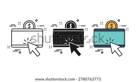 A set of three digital payment icons featuring a credit card, a currency coin, and a computer mouse cursor in line, solid, and flat styles.