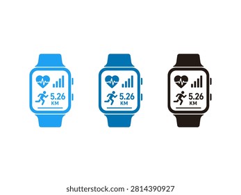 A set of three digital smartwatch icons in blue and black colors displaying athletic performance metrics including pulse running distance and activity tracking