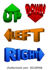 Set of three dimensional arrows with direction text