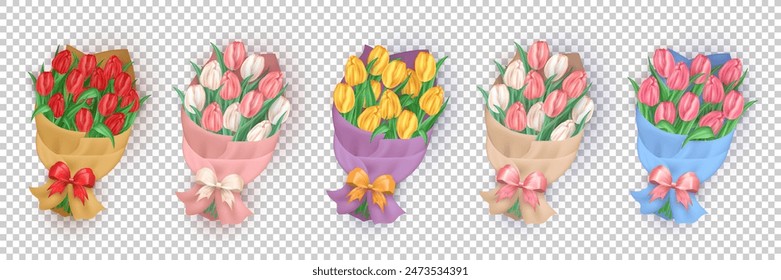 Conjunto de ramos tridimensionales de tulipanes coloridos envueltos en papel artesanal con lazo de seda aislado sobre fondo transparente. Regalo floral 3d con flores de primavera para fiestas, cumpleaños, celebración