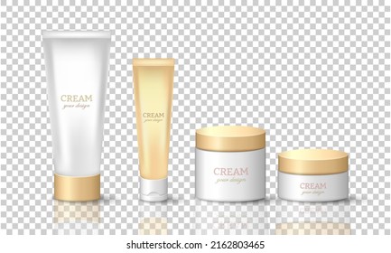 Conjunto de tubos y jarras tridimensionales de crema dorada y blanca. Paquetes de protección de la piel vectorial, contenedores, botellas aisladas en un fondo transparente. Mockup de contenedor cosmético