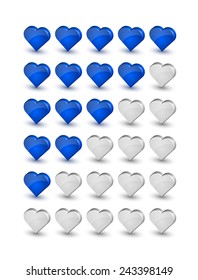 Set of three dimensional rating hearts isolated on white background