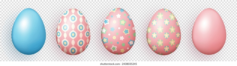 Set of three dimensional realistic colorful painted Easter eggs isolated on transparent background. Multicolored 3d eggs with various pattern as decoration element for Easter cards, banners, wallpaper