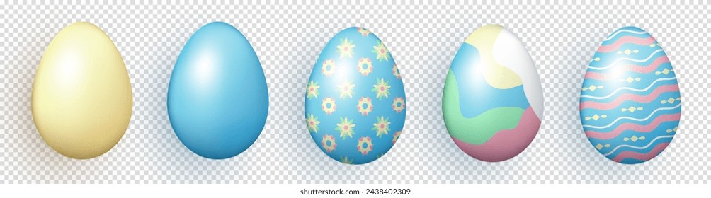 Set of three dimensional realistic colorful painted Easter eggs isolated on transparent background. Multicolored 3d eggs with various pattern as decoration element for Easter cards, banners, wallpaper