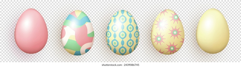 Set of three dimensional realistic colorful painted Easter eggs isolated on transparent background. Multicolored 3d eggs with various pattern as decoration element for Easter cards, banners, wallpaper